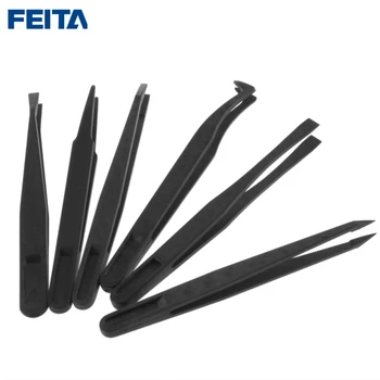 

FEITA 6Pcs/Set, 93301-6 Black Anti-static Plastic Tweezers Carbon Fiber ESD Anti static Heat Resistant Hand DIY Repair Tools