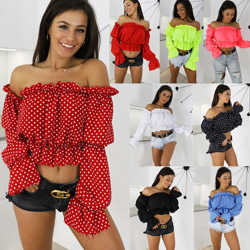 

yashangyi Dames Shirt 2019 Harajuku Polka Dot Chiffon Women Blouses and Tops Sexy Off Shoulder Lantern Sleeve Blusas Para Mujer