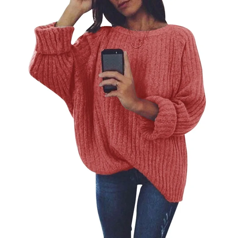 Женские одноцветные трикотажные пуловеры с круглым вырезом, Осень-зима, модные женские свитера, Женская Повседневная Свободная теплая вязаная одежда - Color: red