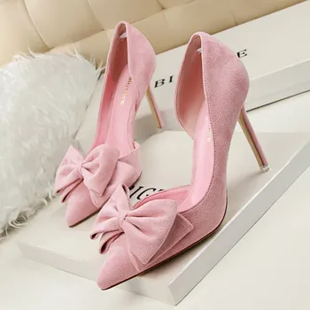 

Spring Autumn Women Shoes Pointed Toe Pumps Dress Shoes 9.5CM thin High Heels Boat Shoes Flock side Hollow Bow tie Wedding Shoes