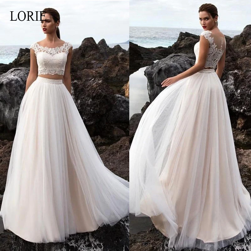 

LORIE Boho Wedding Dress 2 Pieces A Line Appliques Lace Tulle Skirt Custom Made Beach Bride Dress Wedding Gown Free Shipping