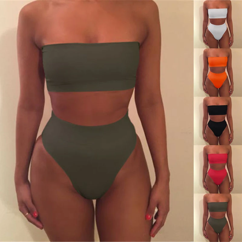 

Women Strapless Bikini Set Solid Color Bandage Swimsuit Brazilian High waist Bandeau Summer Bathing suit