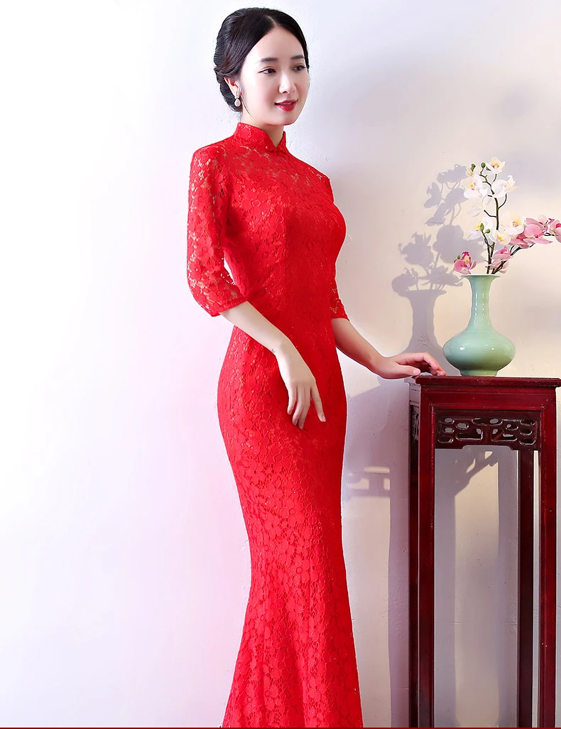 Красный невесты Cheongsam Восточный Свадебная вечеринка вечернее платье Китайская традиционная Женская Qipao пикантные длинный халат Ретро Vestidos