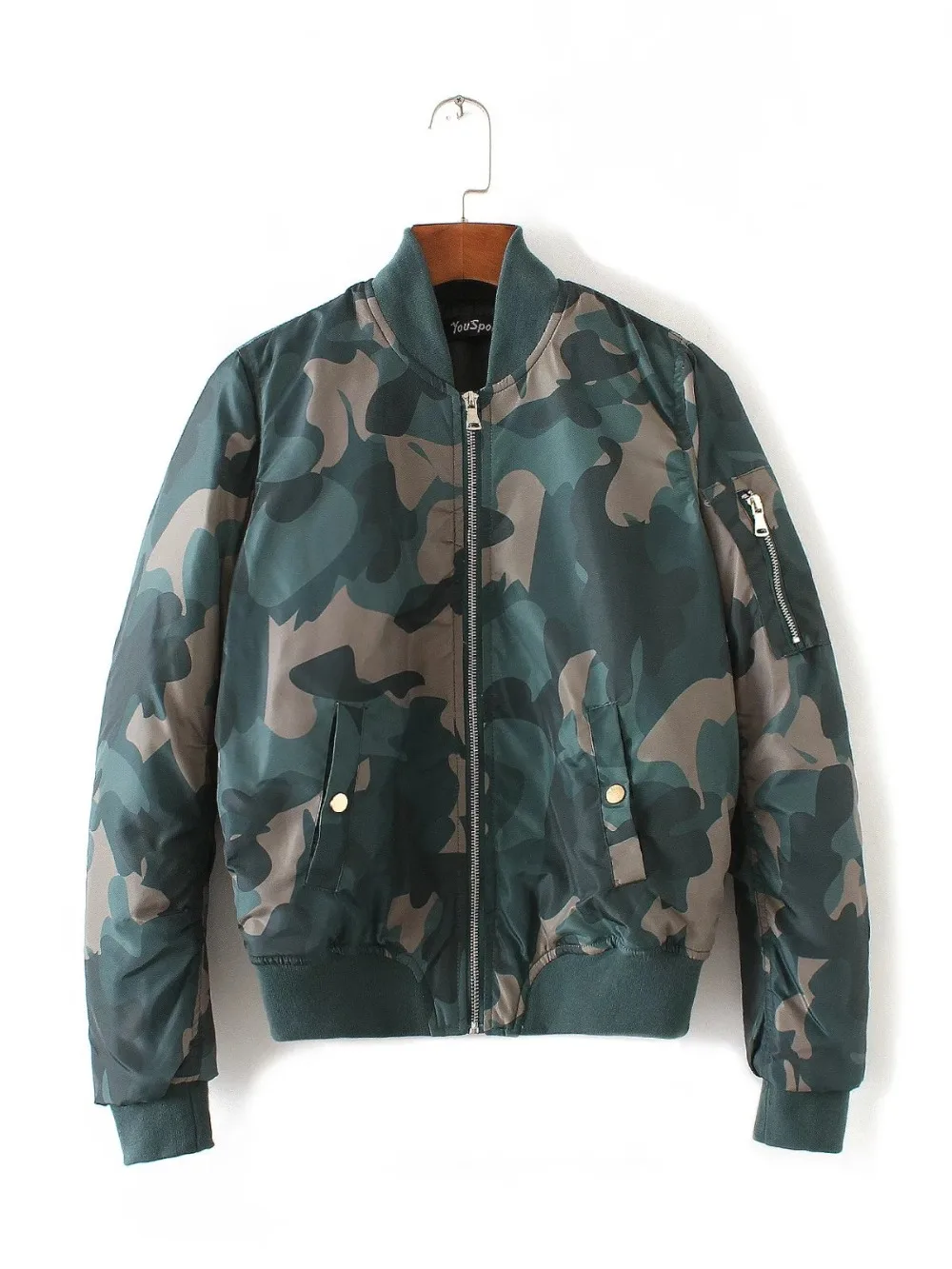 Women Coat Vintage Military Green Camouflage Pattern Zipper Jacket