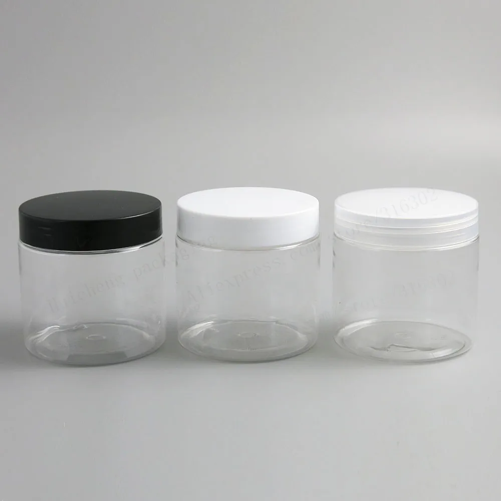 

200G Clear Empty PET Jars with Black White Clear Plastic Screw Lids 6.66oz Transparent cream make up bottle