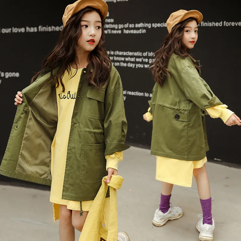

Trench Coat For Girls Kids Clothes Spring Jacket For A Teenager Solid Green Children's Trench Windbreaker For Teen 6 7 8 9 10 12