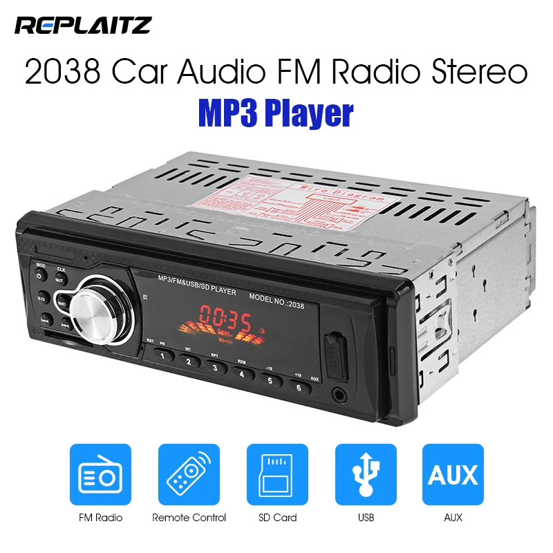 2038 Car Stereo MP3 Player 1 Din Audio FM Radio USB/SD/MMC AUX Auto