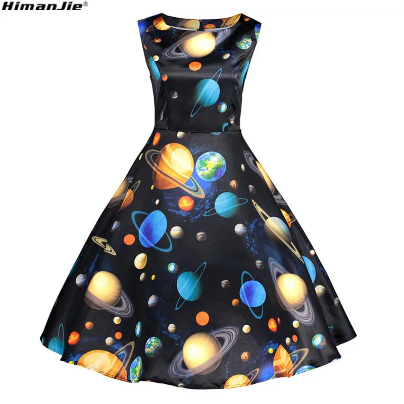 

2018 Vintage Starry Sky Planet Space astronomical print Dress Elegant spring Sleeveless Party Midi Dresses Girl Vestido Femme