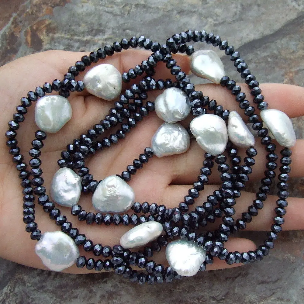 

natural 48'' White keshi Pearl Black Crystal Long Necklace Sweater chain