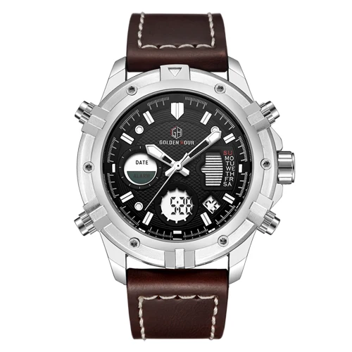 GOLDENHOUR для мужчин s часы лучший бренд класса люкс кварцевые аналоговые цифровые часы для мужчин кожа Военная Униформа спортивные наручные часы - Цвет: S BN