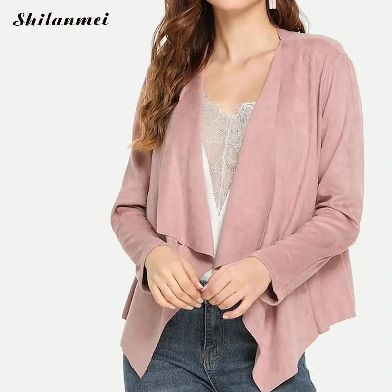 2018 Autumn Suede Jacket Women Waterfall Collar Long Sleeve Casual Open