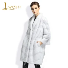 LVCHI Winter New Arrival Fashion Women Natural Mink Fur Coat White Thick Striped Cut Turn-down Collar Girl Fur Coat 2017 X-Long