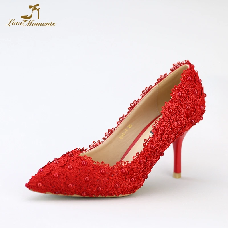 

Lace Flower Applique Shoes Beautiful Red Lace Wedding Shoes Middle Heel Pearl Bridal Shoes Pointed Toe Satin Dinner Party Shoes