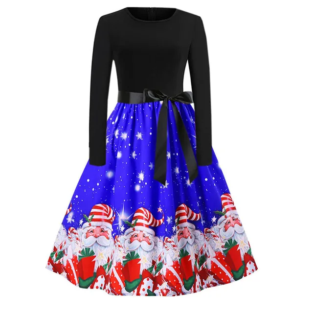 Fashion Women Christmas Dress Long Sleeve Black Patchwork Print Vintage ...