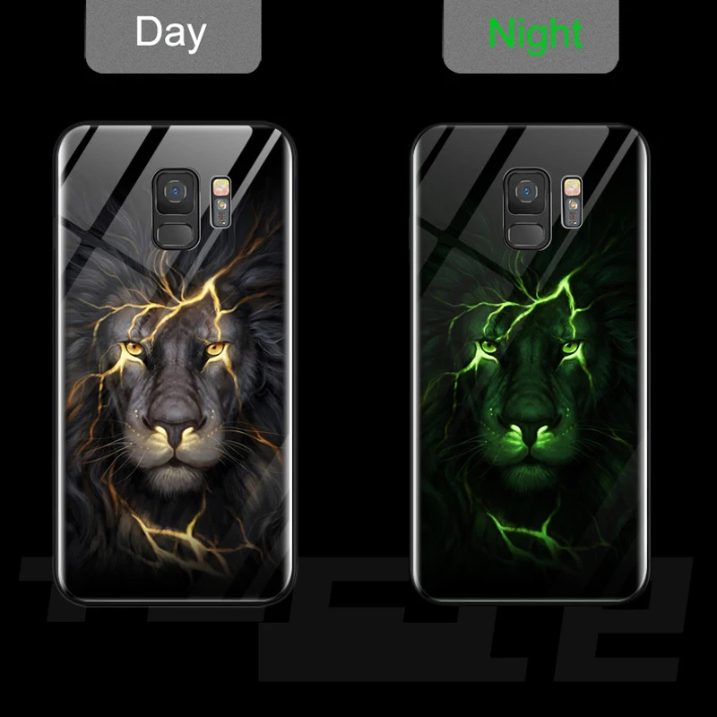 Luminous Tempered Glass Case for Samsung Galaxy Note 9 8 S9 S8 Plus Tiger Phoenix Wolf Pattern Cover S8+ S9+ |