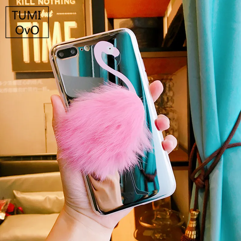 3D For iPhone 8 Plus Pink Flamingo Plush Luxury Mirror