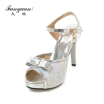 

fanyuan summer thin high heels glitter sandals woman summer shoes bling gladiator platform sandals slingback size 44 45 46