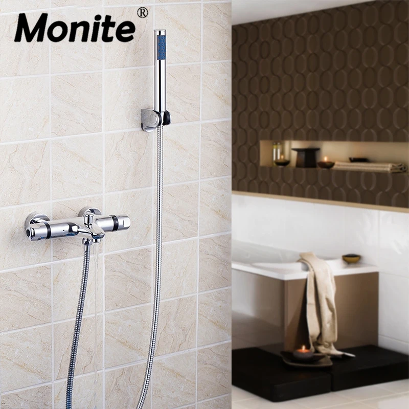 

Monite Chrome Polish Thermostatic Faucets Wall Mounted Shower Mixer Taps Rainfall Shower Faucet Set With Hand Spray