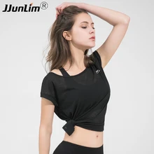 Для женщин Йога Рубашка дышащий с коротким рукавом спортивные футболки быстросохнущая тонкий бег топ, футболка женщин тренажерный зал Фитнес спортивной рубашки