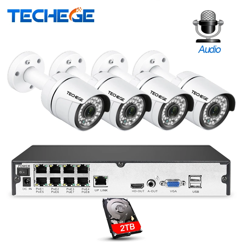 

Techege 8CH CCTV System 4PCS 3000TVL Audio Outdoor Weatherproof Security Camera 8CH 1080P NVR Kit Video Surveillance System