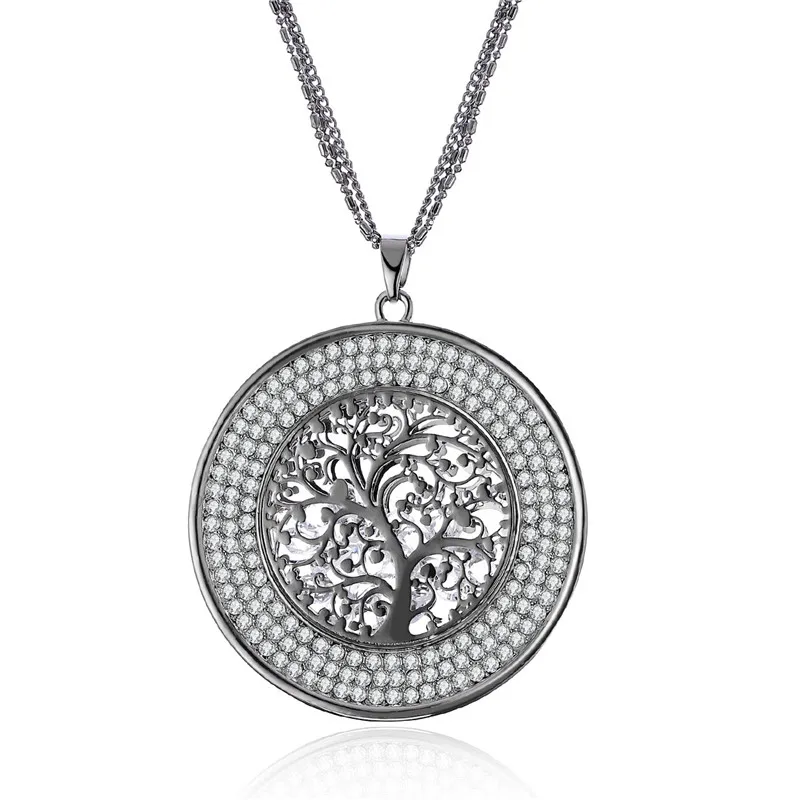 Hollow Inside Crystal Round Tree of life Necklaces& Pendants Long Sweater Chains Crystal Necklace For Women Statement Jewelry - Окраска металла: Gun Black Color