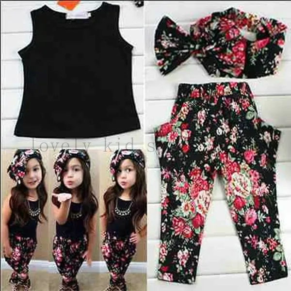  2016 summer children clothing set Fashion Girls floral casual cotton suit sleeveless outfit +headband kids  clothes set  01