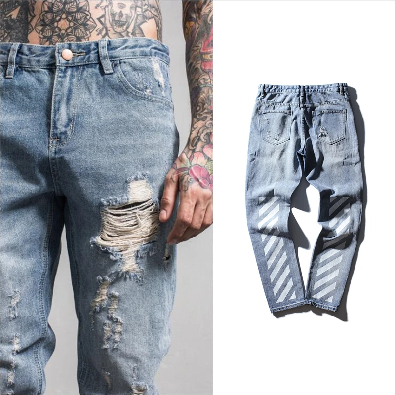 ФОТО  TOP jeans off white hiphop fear of god Ripped Denim Knee Hole Zipper mens harem pants Destroyed Torn joggers Biker