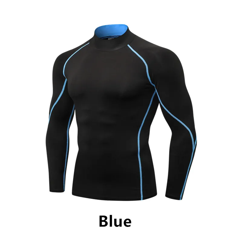 Winter Ski Stand Collar Sweater Men's Quick Dry High Collar Long Sleeve Fitness Run Elastic T-Shirt - Цвет: Синий