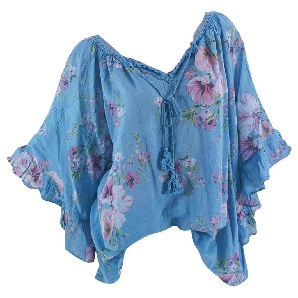 

JAYCOSIN Fashion Women's Blouse Floral Lace 3/4 Bell Sleeve Casual Strappy Loose Shirt S-5XL Beach Casual Top Lady Stylish 722