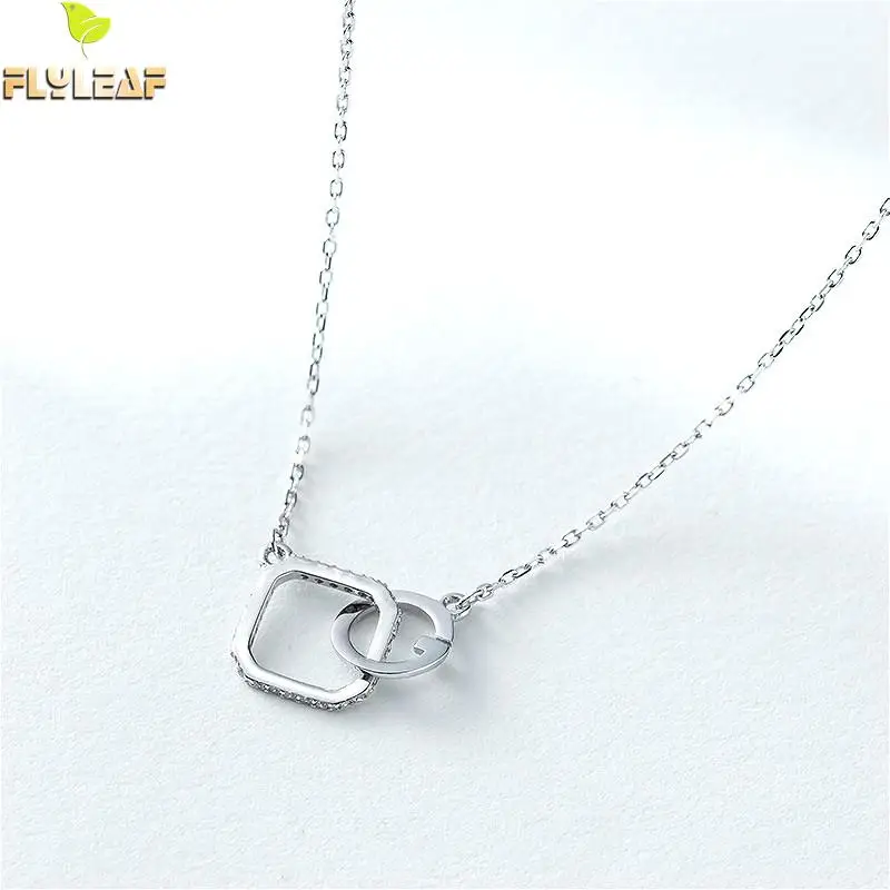 

Flyleaf 100% 925 Sterling Silver Cubic Zirconia Square Round Pendant Necklaces For Women Fashion Party Jewelry