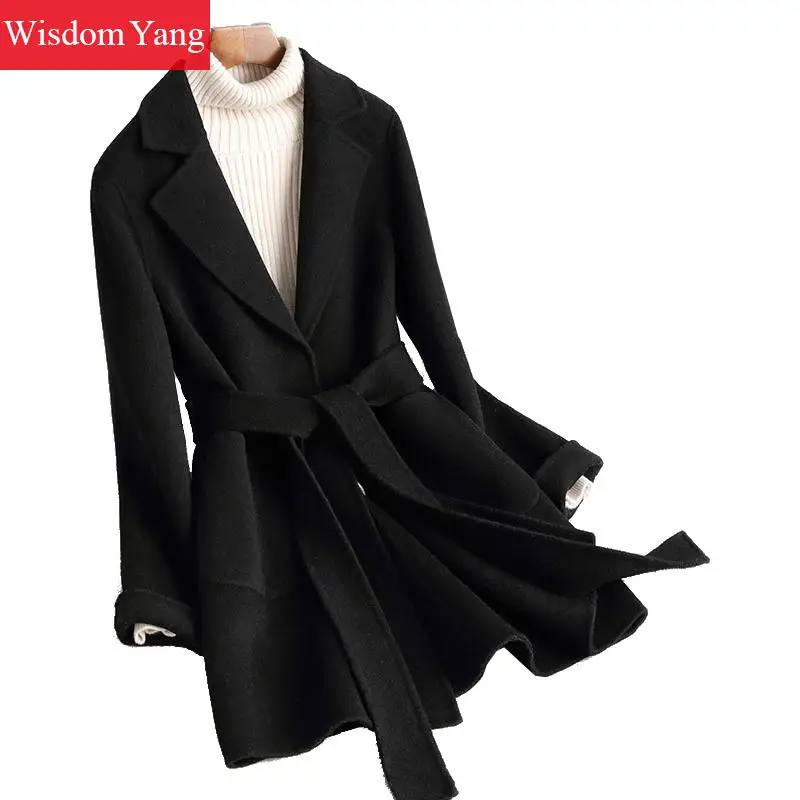 

Winter Wool Fleece Suit Womens Sheep Wool Cashmere Coats Suit Black Beige Slim Belt Woolen Overcoat Coat Office Ladies Outerwear