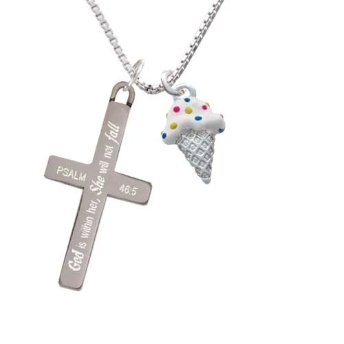 2-D Vanilla Ice Cream Cone with Sprinkles - She will not Fall - Cross Necklace (1)