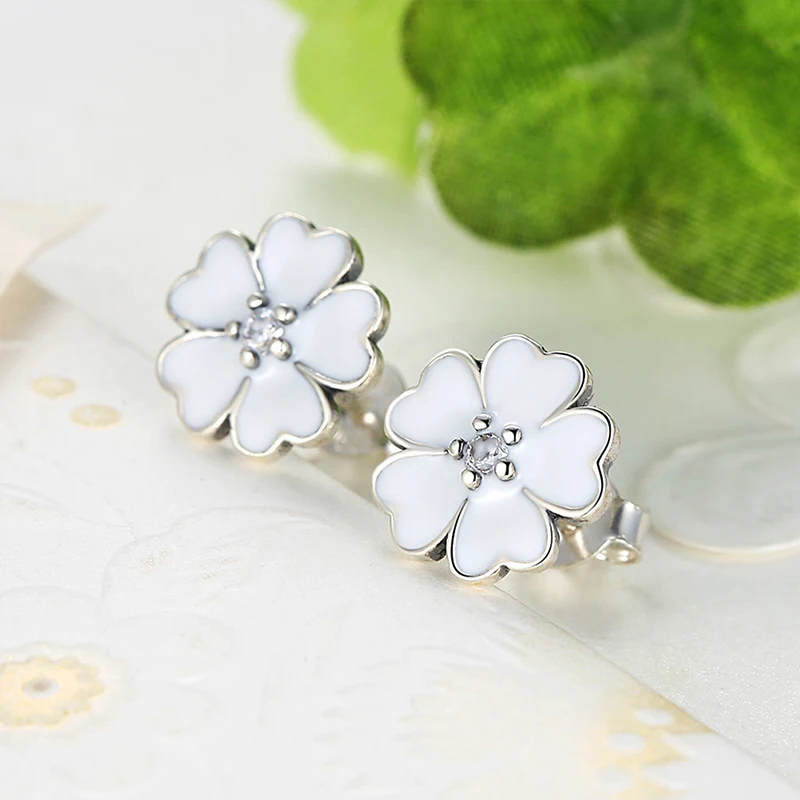

Silver Primrose Clover Flower Stud Earrings White Enamel Compatible With With Cubic Zirconia Fashion Lady Wind Petal Earrings