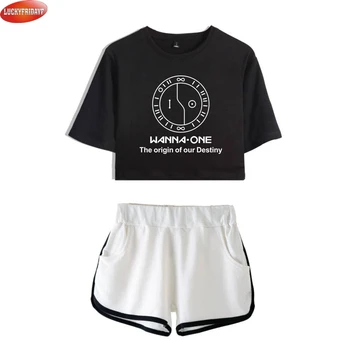 

LUCKYFRIDAYF Wanna One Kpop Printed Women Summer Two Piece Sets Short Sleeve Crop Tops+Shorts 2018 Fashion Casual Girls Wear