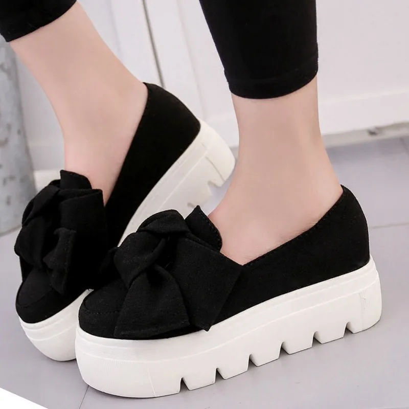

Women Shoes 2018 Autumn Flock Flats Big Bowknot Round Head Women Loafers Thick Bottom Flats Shoes Casual Platform Shoes