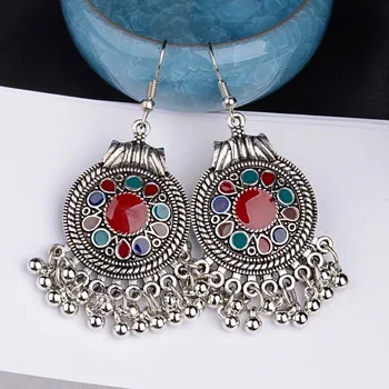 TopHanqi Indian Earring For Women Antique Ethnic Silver Metal Small Bells WaterdropTassel Earrings Turkish Tribal Gypsy Jewelry