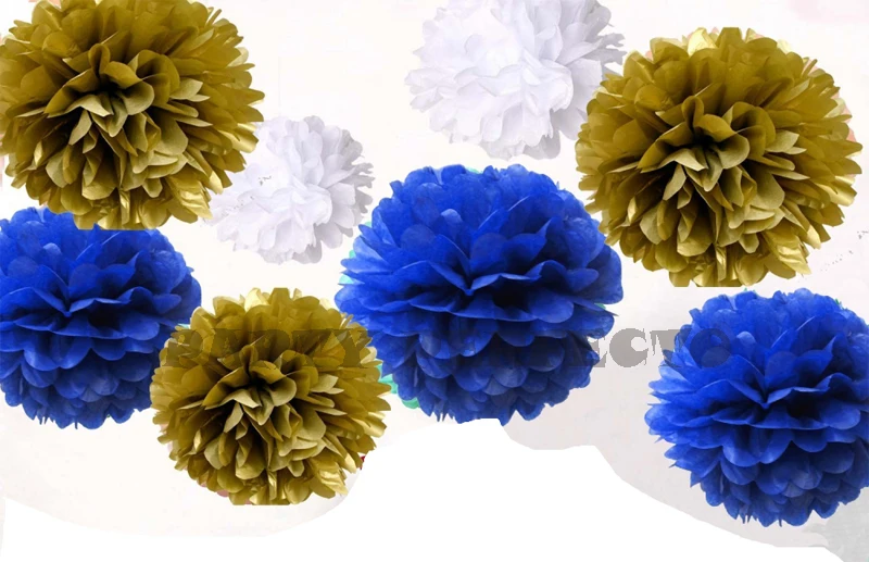Set of 9 Mixed Gold Royal Blue White Tissue Paper Pompoms Flower Ball Wedding En-1