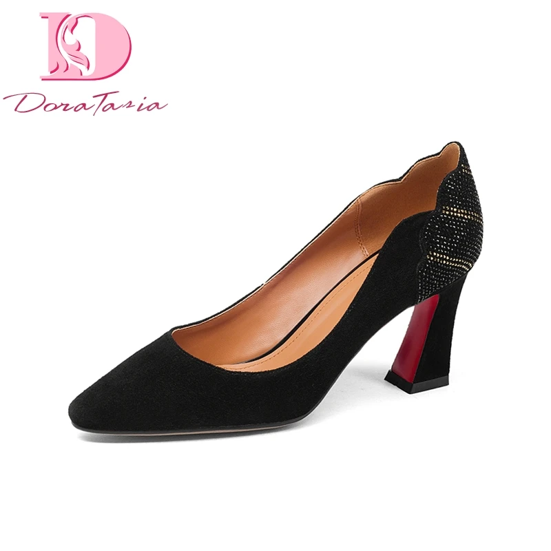 

DoraTasia Brand New Genuine Leather Square High Heels Solid slip-on Crystal Shoes Woman Fashion Spring Pumps Big Size 33-43