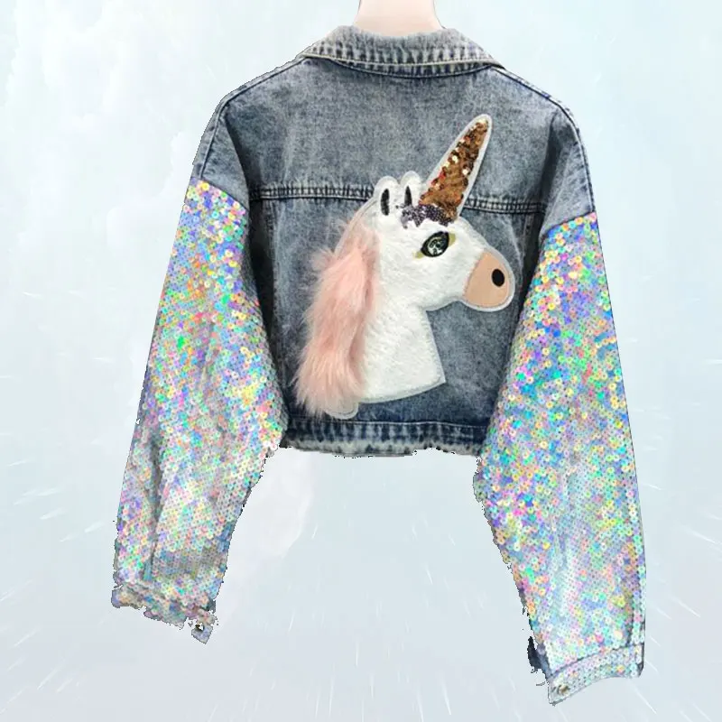 

Unicorn Cartoon Embroid Jeans Jacket 2019 New Heavy Sequins Denim Coats Women Crop Top Shiny Bling Outwear Casaco Feminino SL229