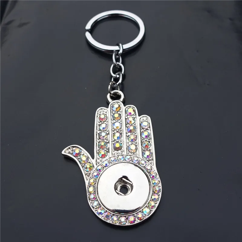 

Luxury Rhinestone Hamsa Hand Vola Keychain Metal 18mm Snap Buttons Keyring Jewelry