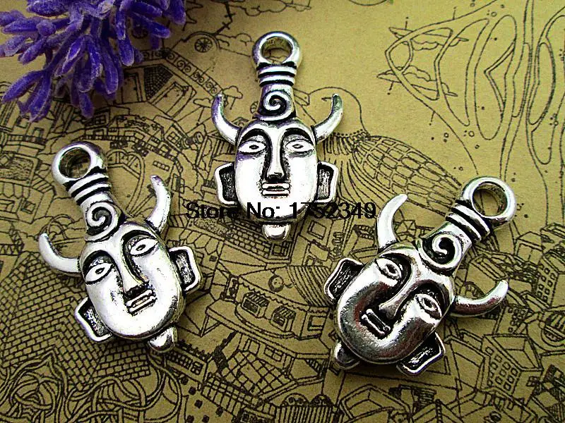 

5pcs-- Antique Tibetan silver Heavy Mysterious Horn Man Mask Supernatural Dean Charm Pendant 2 sided 21x36mm