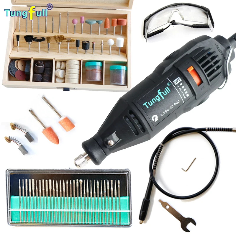 

Tungfull 220V 130W Dremel Style Electric Rotary Tool Variable Speed Mini Drill with Flexible Shaft and 137PC Accessories Tools