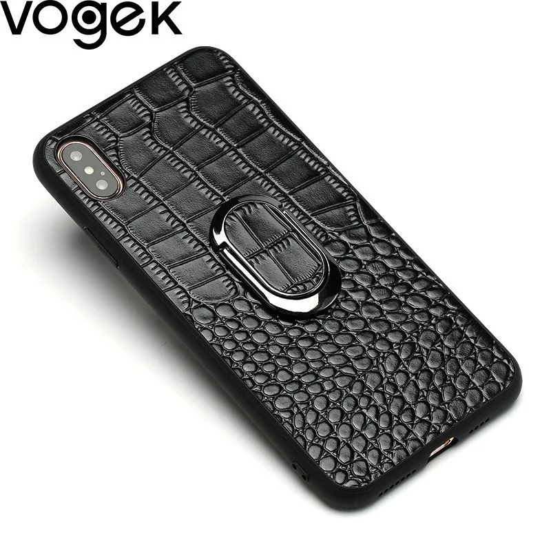 

Vogek Luxury Genuine Leather Phone Case Leather Capa for iPhone X XR Finger Stand Crocodile Texture Back Cover for iPhone XS Max