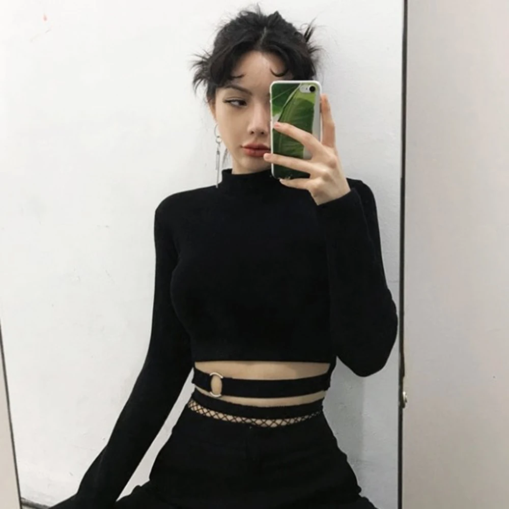 

Slim Short T-shirt Women Sexy Tight Turtleneck Long Sleeve Pulloves Crop Top Solid Black Club Autumn Winter Streetwear Harajuku