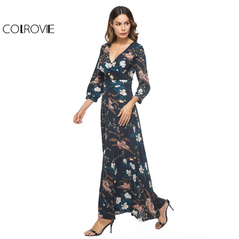 COLROVIE Botanical Floral Maxi Dress 2017 Women Surplice V Neck Elegant Boho Dresses Fall Fashion Navy Empire Plus Size Dress plus-floral-dress : image COLROVIE Botanical Floral Maxi Dress 2017 Women Surplice V Neck Elegant Boho Dresses Fall Fashion Navy Empire Plus Size Dress plus-floral-dress