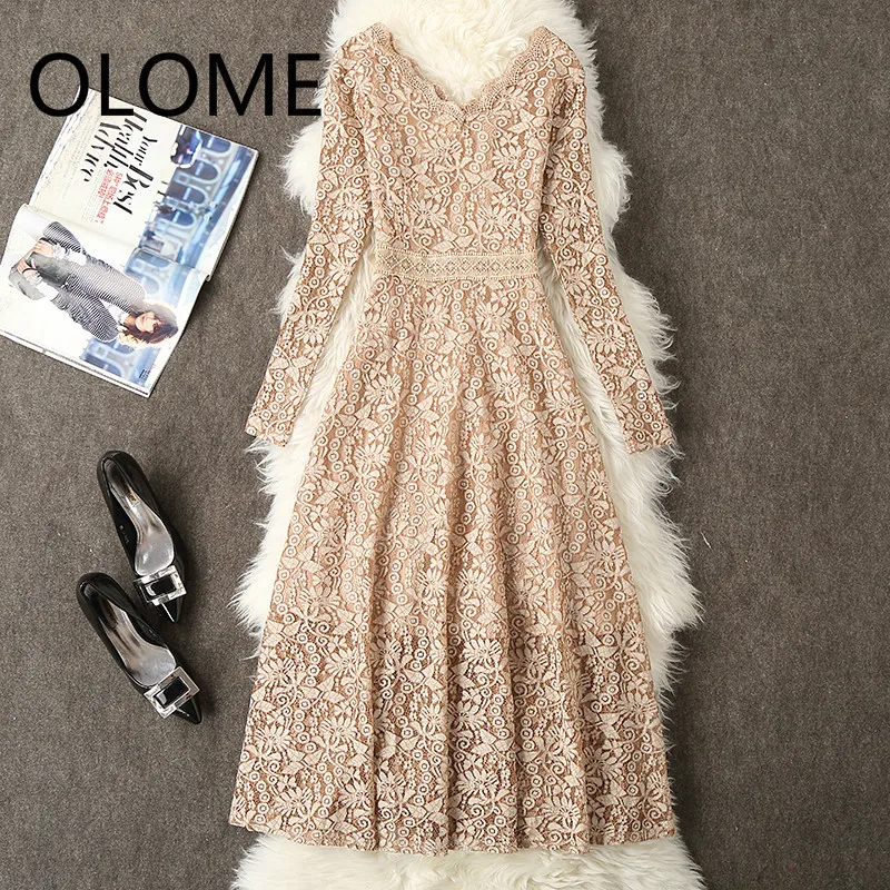 

Spring 2019 ladies long-sleeved lace dress large size m-3 xl dress elegant ladies v-neck dress