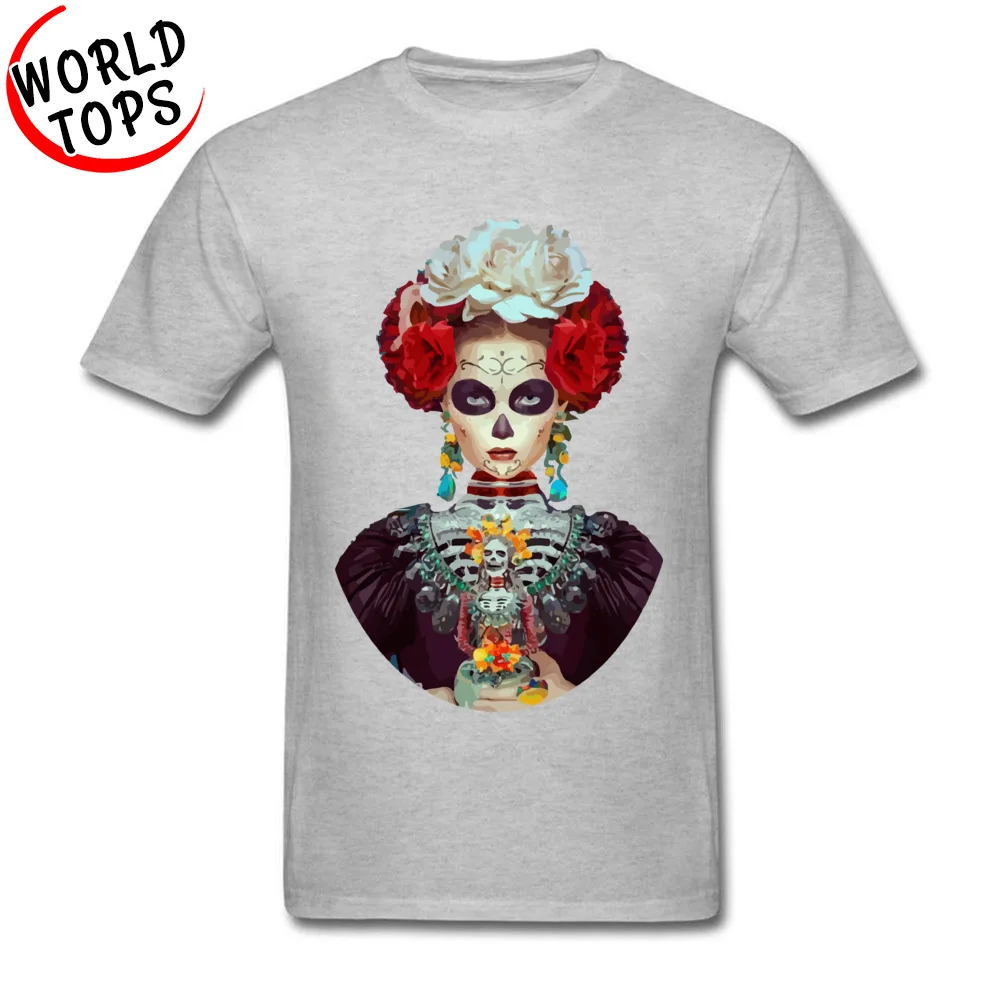 Funny Custom Summer 100% Cotton Crewneck Men Tops Shirt Printed On Top T-shirts High Quality Short Sleeve T-shirts Day Of The Dead Girl Mural grey