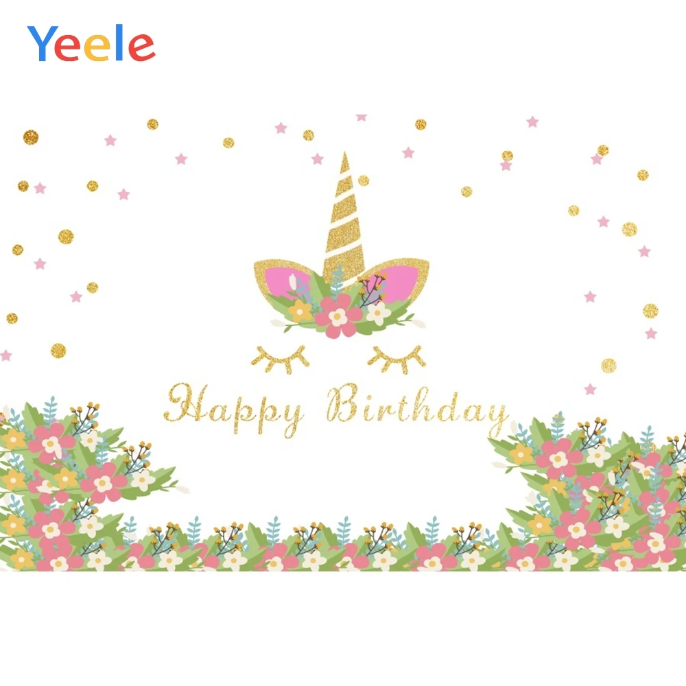 

Yeele Unicorn Gold Point Star Flower White Birthday Photography Background Customized Photographic Backdrops for Photo Studio
