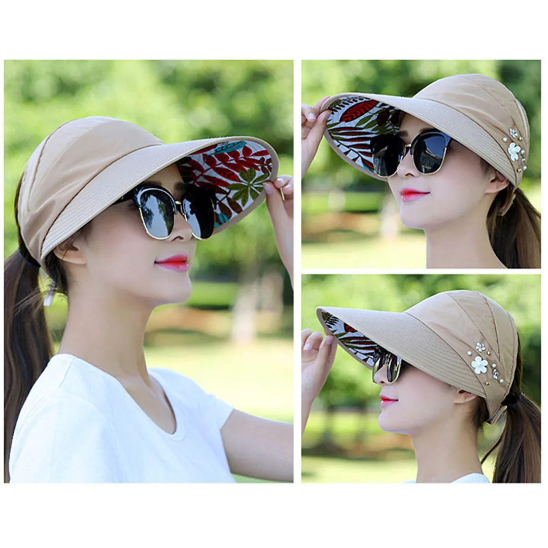 Summer Wide Brim Hat Visor Cap Foldable Fower Beach Sun Hat Women Outdoor Anti-UV hats BBYES