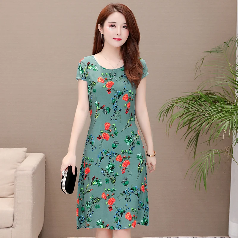 

LISYRHJH 2019 Women Dress Hot Sale New Arrival O-neck Short Regular Natural Cotton Summer Ladies Short-sleeved Printed Slim Belt